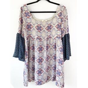 Umgee Babydoll Empire Waist Bell Sleeve Mini Tunic Dress M Floral Blue Y2K Fairy